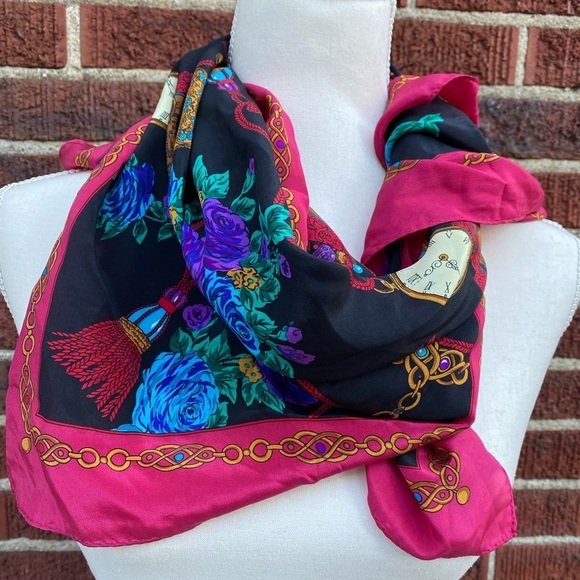 Vintage J.G.HOOK SILK Square Scarf 31”Red Colorful Floral W Chains… - Picture 12 of 13